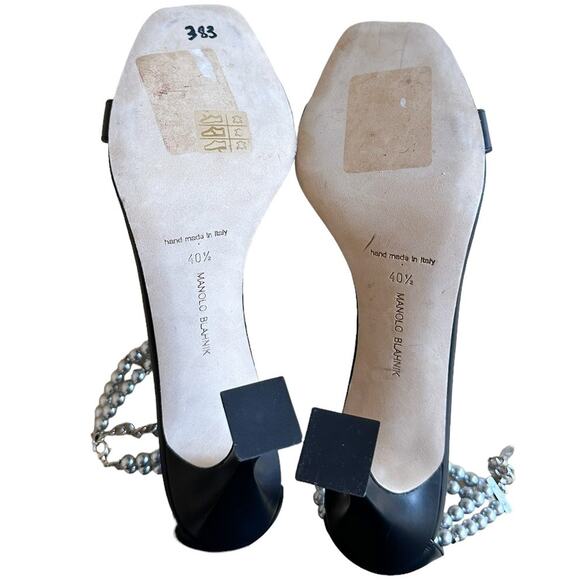 Manolo Blahnik Charona Black Leather Pearl Ankle Strap High Heel Sandals 40.5 - Picture 9 of 12